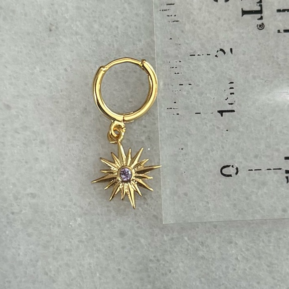 Gold Crystal Sun Burst Charm Dangle Huggie Hoop Earrings - Picture 2 of 4